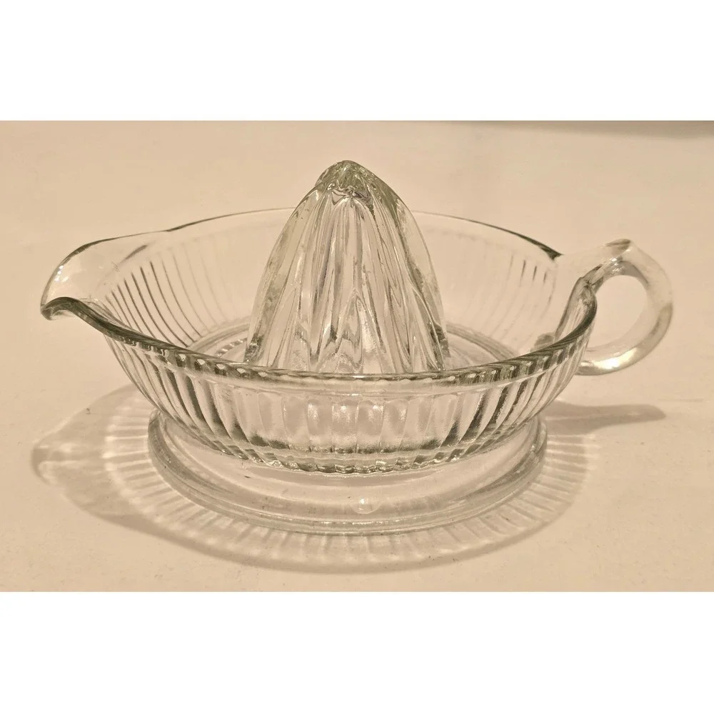 Vintage Clear Glass Citrus Juicer with Handle and Pour Spout Ribbed Design
